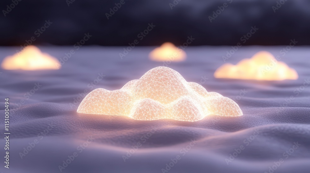 Poster a surreal scene of glowing, soft clouds resting on a misty surface, creating a mystical and ethereal