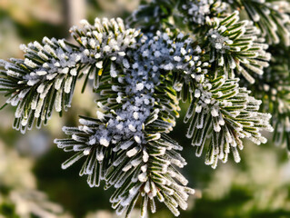 Fir branch with needles covered with frost. Natural winter season background