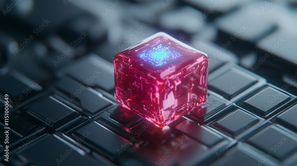 Poster a glowing red cube rests on a dark, textured surface, emanating blue light, creating a futuristic an