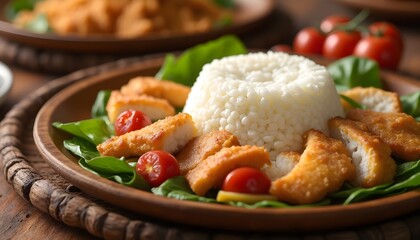 Serving of Ugali with Fried Fish and Fresh Vegetables on Wooden Plate