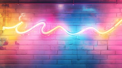Neon Lights Curve Across Painted Brick Wall
