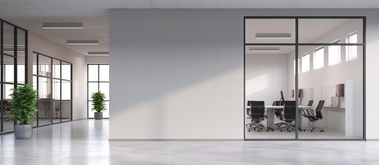 Fototapeta premium Modern Office Corridor with Glass Walls and Minimalist Design Offering a Bright and Spacious Environment for Work and Collaboration