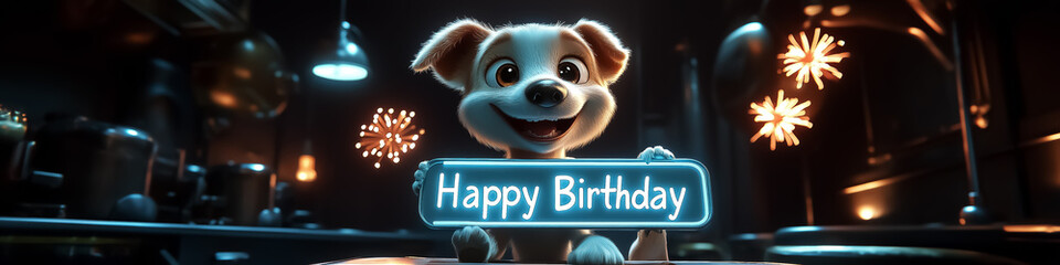 Adorable puppy holding a 'Happy Birthday' sign, perfect for birthday decorations, wall art, or greeting cards, creating a joyful and festive atmosphere.