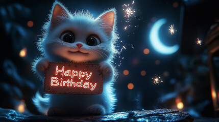 Adorable fluffy kitten holding a 'Happy Birthday' sign, perfect for decorations, gifts, greeting cards, or as cheerful wall art to celebrate birthdays and special occasions.