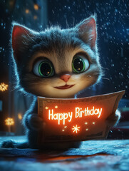 Adorable cartoon kitten holding a glowing Happy Birthday card, perfect for birthday celebrations, wall art, or festive decoration in winter settings.