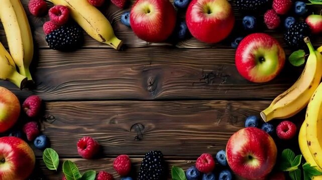 Fresh red apples, bananas, raspberries, blackberries, and blueberries arranged on a rustic wooden background.