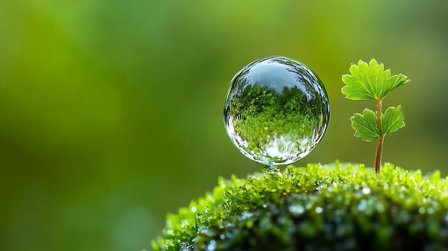 Dewdrop sphere reflecting nature beside a sprouting plant on moss.