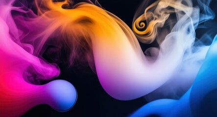 Fototapeta premium Abstract fluid shapes, colorful smoke, vibrant orange and blue gradients, swirling patterns, dark background, ethereal wisps, dynamic motion, smooth curves, contrasting colors, liquid-like forms, digi