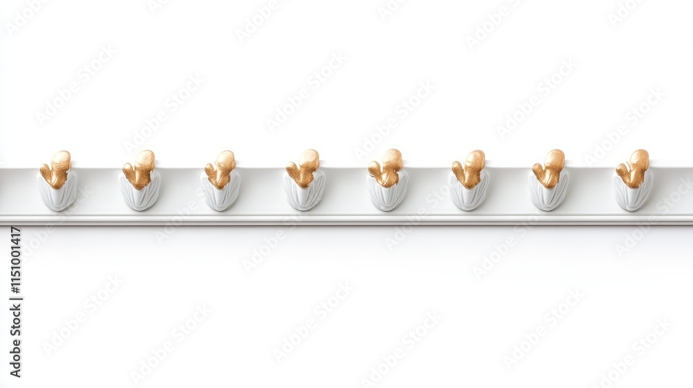 Poster a row of eight minimalist hooks with wooden handles, set against a plain white background, creating 