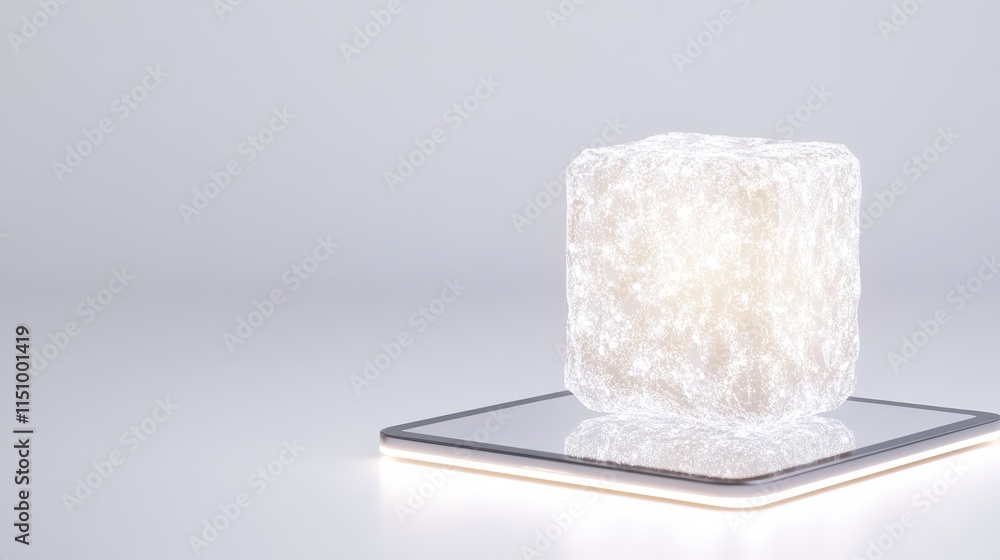 Aufkleber a clear ice cube sits on a reflective surface, illuminated softly, showcasing its texture and form a