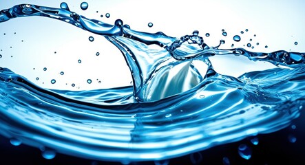 Fototapeta premium Water splash, high-speed photography, liquid dynamics, blue tones, crystal clear, macro shot, droplets, ripples, wave formation, surface tension, fluid motion, aqua, transparent, dynamic, clean, fresh