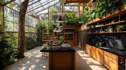 Sunlit kitchen with indoor plants, glass roof, and wooden cabinetry.