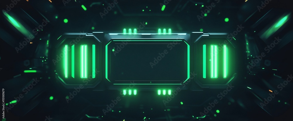 Poster futuristic digital interface with glowing green elements and a central display area.