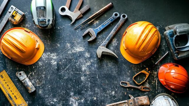 Collection of construction tools and safety gear arranged on a workbench in a workshop setting