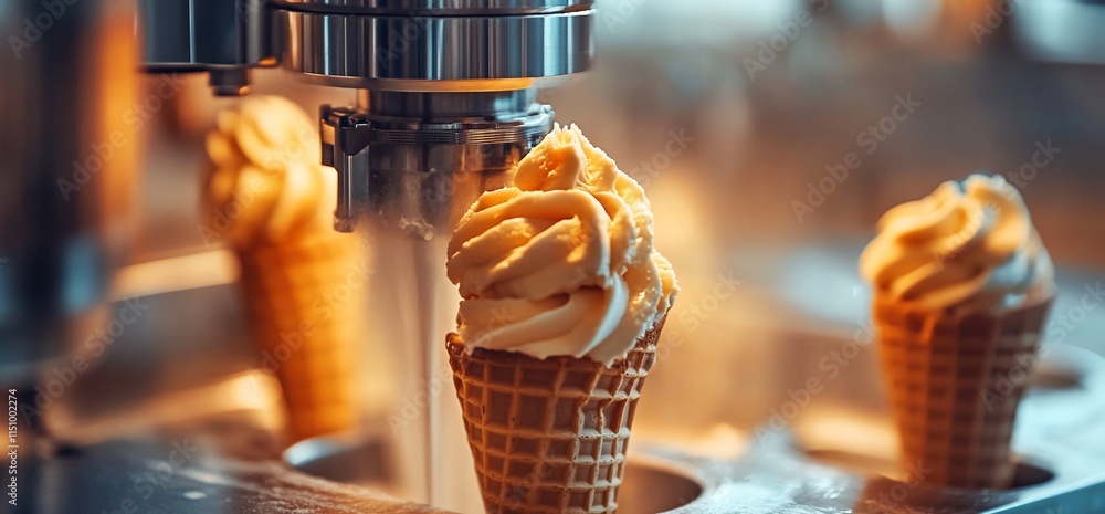 Poster ice cream cones being filled with soft serve from a machine.