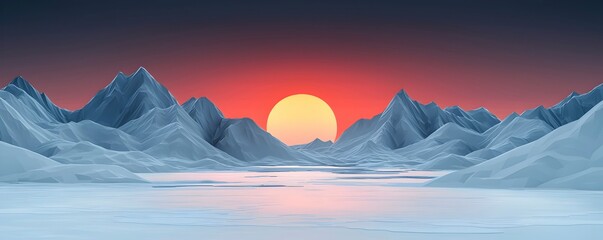 Tranquil Sunset Over Icy Mountains and Smooth Water