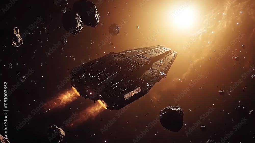 Poster Spaceship navigating asteroid field, sun behind.