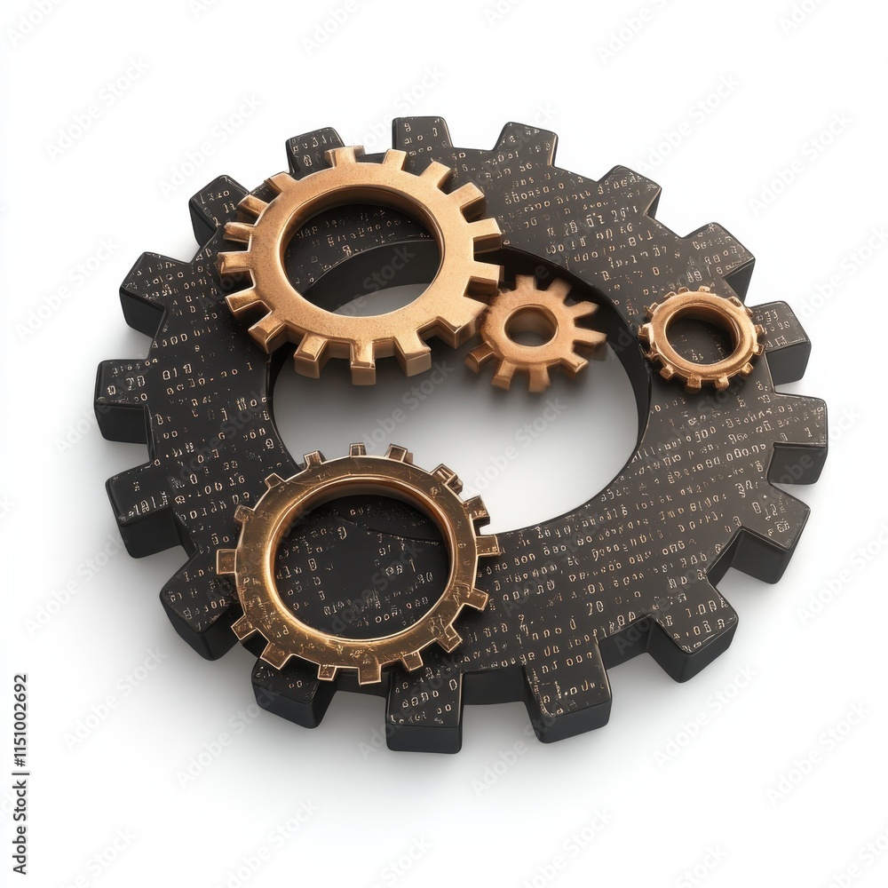 Poster three interlocking gears, featuring a mix of metallic and dark textures, symbolize engineering, mech