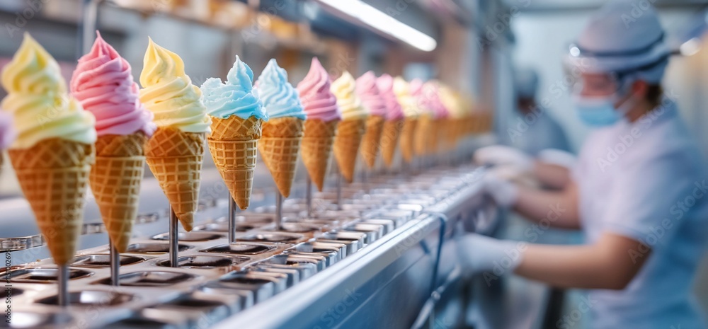 Poster ice cream cones being prepared in a factory setting for distribution.