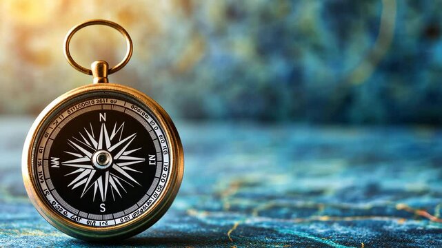 Vintage compass resting on textured blue background with intricate patterns