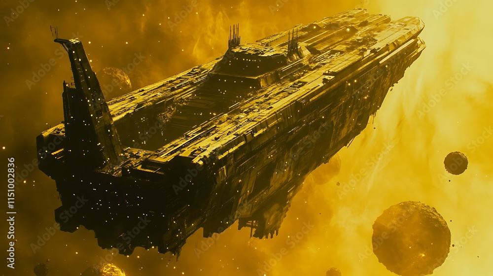 Poster giant spaceship floats amidst golden nebula and planets.