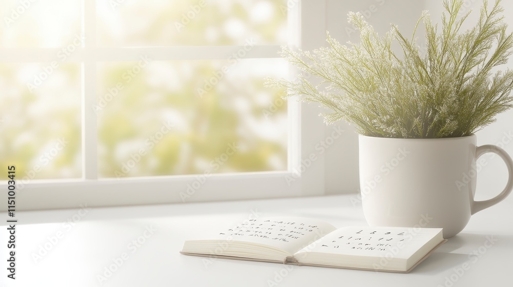 Poster a serene scene featuring a potted plant next to an open notebook on a table, with soft sunlight filt