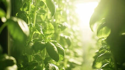 Lush basil plants illuminated by soft light in a vertical garden setting.