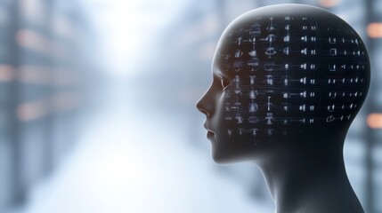 A futuristic humanoid silhouette with a digital pattern on its face stands against a blurred, technology-inspired background.