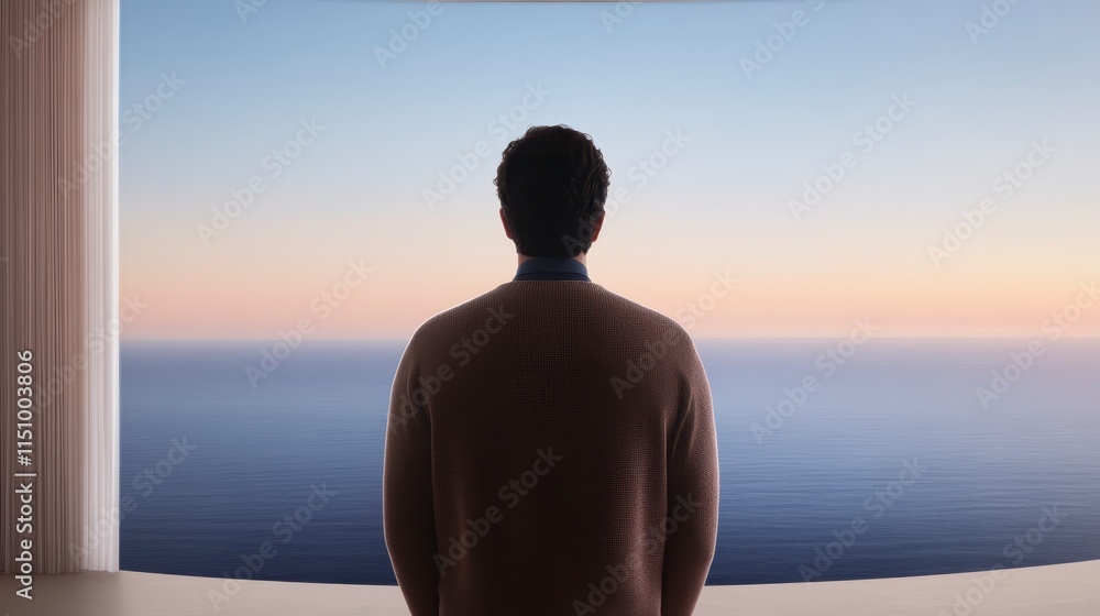 Poster a person gazes at a serene ocean view during sunset, promoting a sense of calm and introspection in 