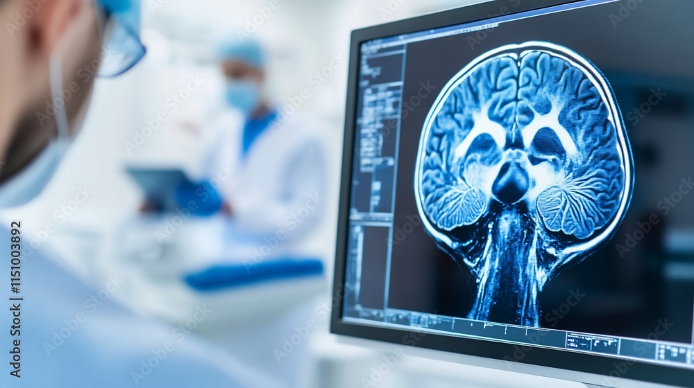 Poster medical professional examining a brain scan on a computer screen.