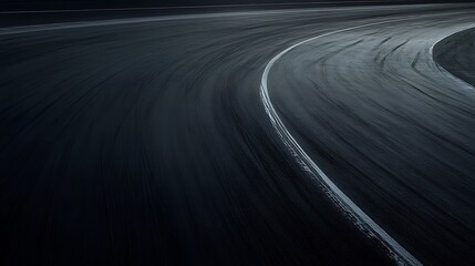 Asphalt race track curve at night, showing tire marks.