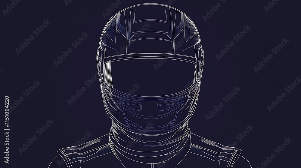 Poster close-up line art of a racing helmet and driver.