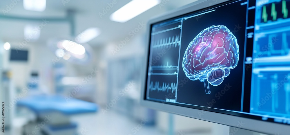 Poster medical setting with a monitor displaying a brain scan and vital signs.