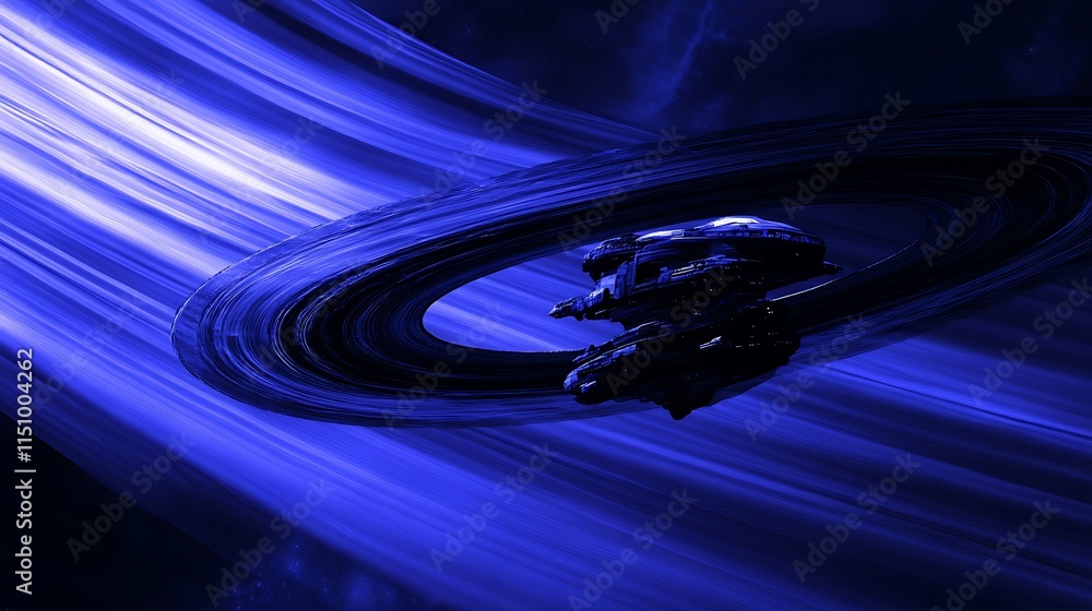 Poster spaceship navigating a cosmic ring.