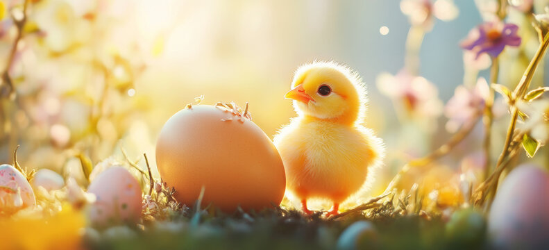 cute yellow chick hatching from egg in sunny garden setting