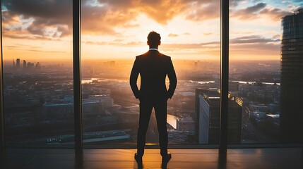 Man in suit looking at city sunrise from skyscraper.