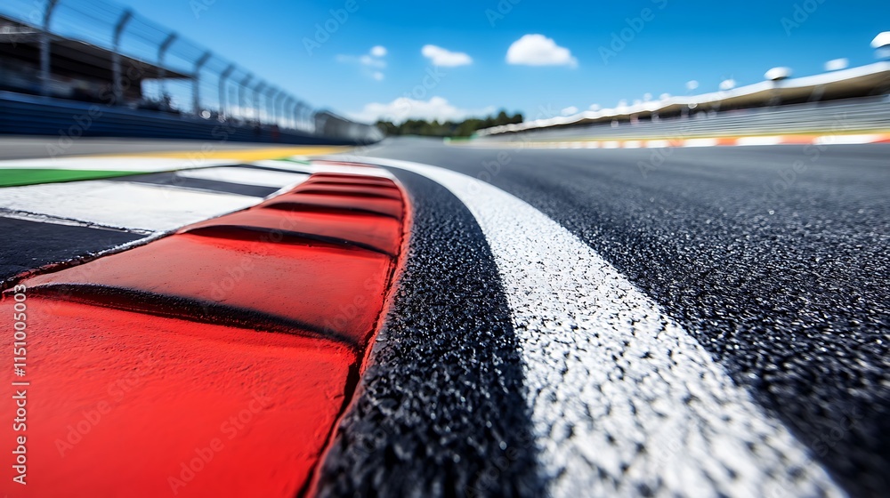 Poster close-up of racetrack asphalt with painted lines and curbs.