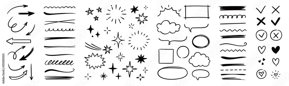 Poster line arrow hand drawn shape brush underline stroke element vector set. hand drawn doodle sketch arro