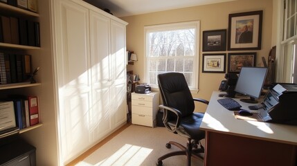 Bright and Inviting Home Office with White Cabinets, Comfortable Chair, Desk, Computer, and Sunlight Streaming Through the Window