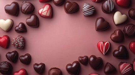 Fototapeta premium Assorted Valentine's chocolates placed around a blank space, perfect for adding romantic messages.