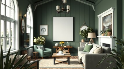 Farmhouse Living Room Mockup - Dark Green Interior Close-Up 3D Render