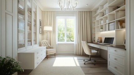 Elegant and Bright Home Office Interior Design with White Shelves, Cozy Chair, Natural Light and Scenic View through Large Window