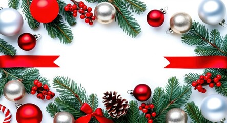 Christmas decorations, evergreen branches, silver ornaments, red ribbons, pine cones, white background, festive border, holiday frame, seasonal composition, red berries, shiny baubles, winter greenery
