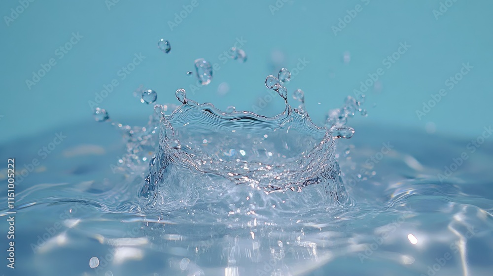 Poster captivating water splash with droplets creating beautiful patterns against a soft blue background fo