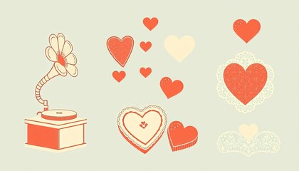 Vintage Valentine icons with a gramophone, heart-shaped chocolates, and lace patterns.