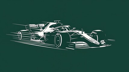 White outline of a Formula 1 race car speeding on a dark green background.