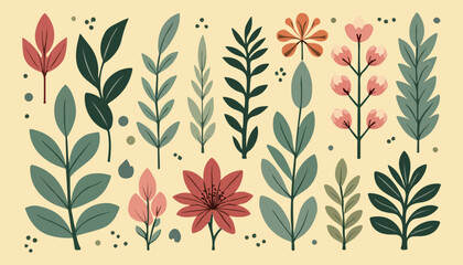 Botanical Illustration of Flowers and Leaves