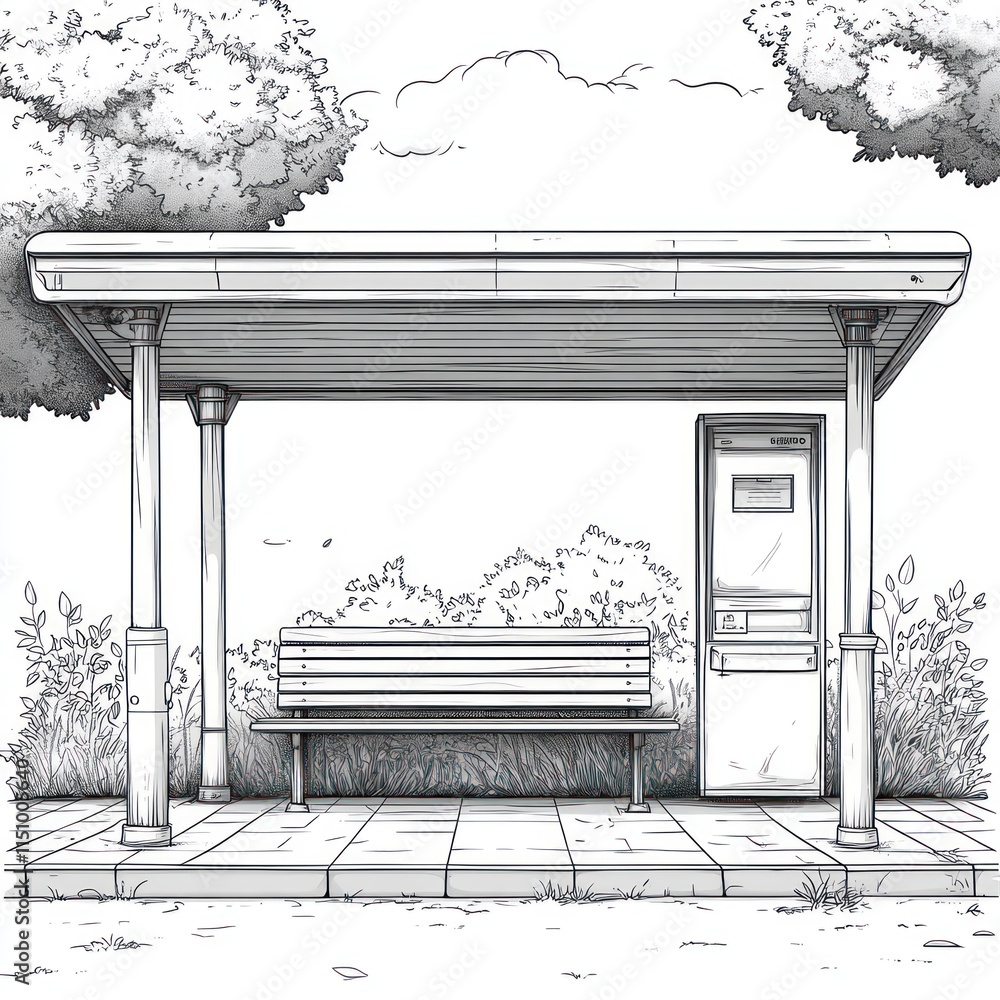 Poster line art of bus stop with bench.