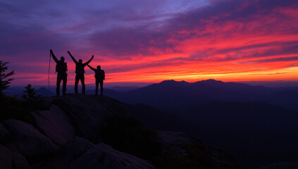 Fototapeta premium Reaching summit, three hikers celebrate against stunning sunset backdrop