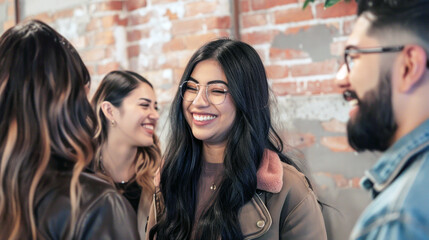 Obraz premium A group of multicultural coworkers smiles and chats happily in an open office space